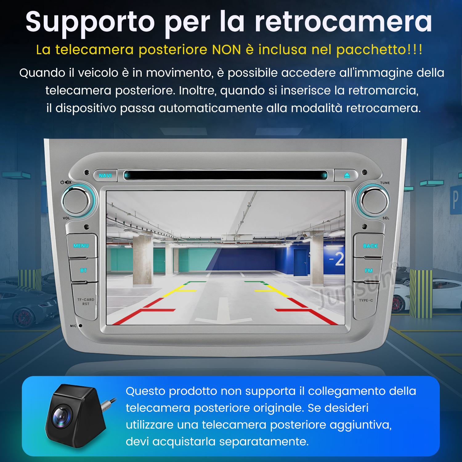 Un'autoradio mostra una vista di un garage con linee guida, sovrapposta a testo in italiano sul supporto della telecamera.