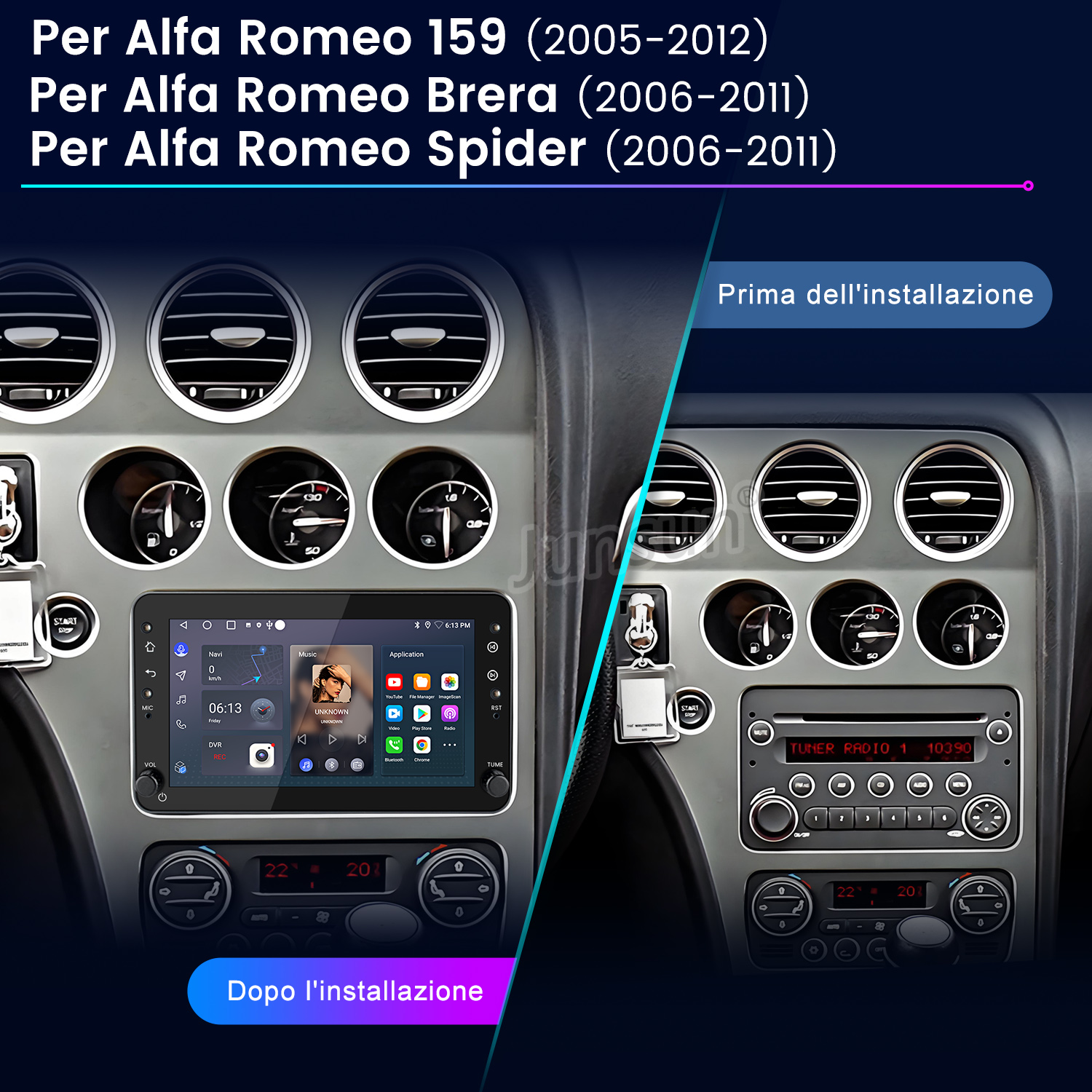 Doppio display del cruscotto dell'auto, prima e dopo l'aggiornamento della radio. Evidenziando le modifiche al design.