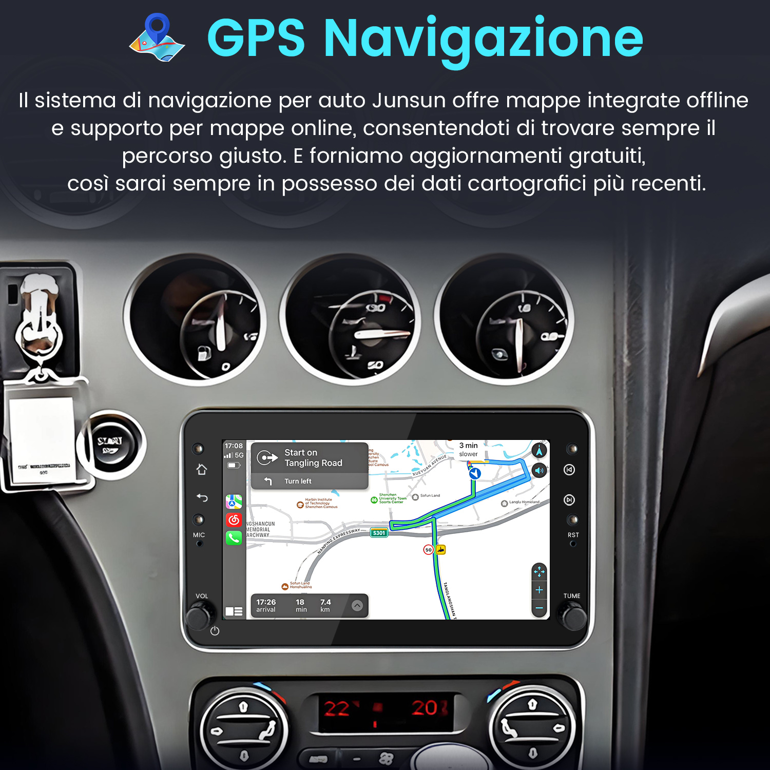 Sistema di navigazione per auto con GPS che mostra una mappa sul display del cruscotto.
