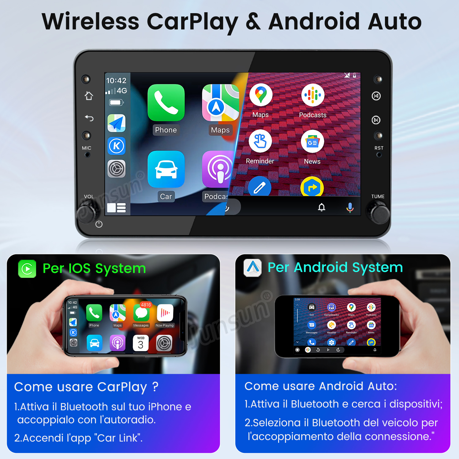 App CarPlay e Android Auto visualizzate sullo schermo del cruscotto dell'interno di un'auto.