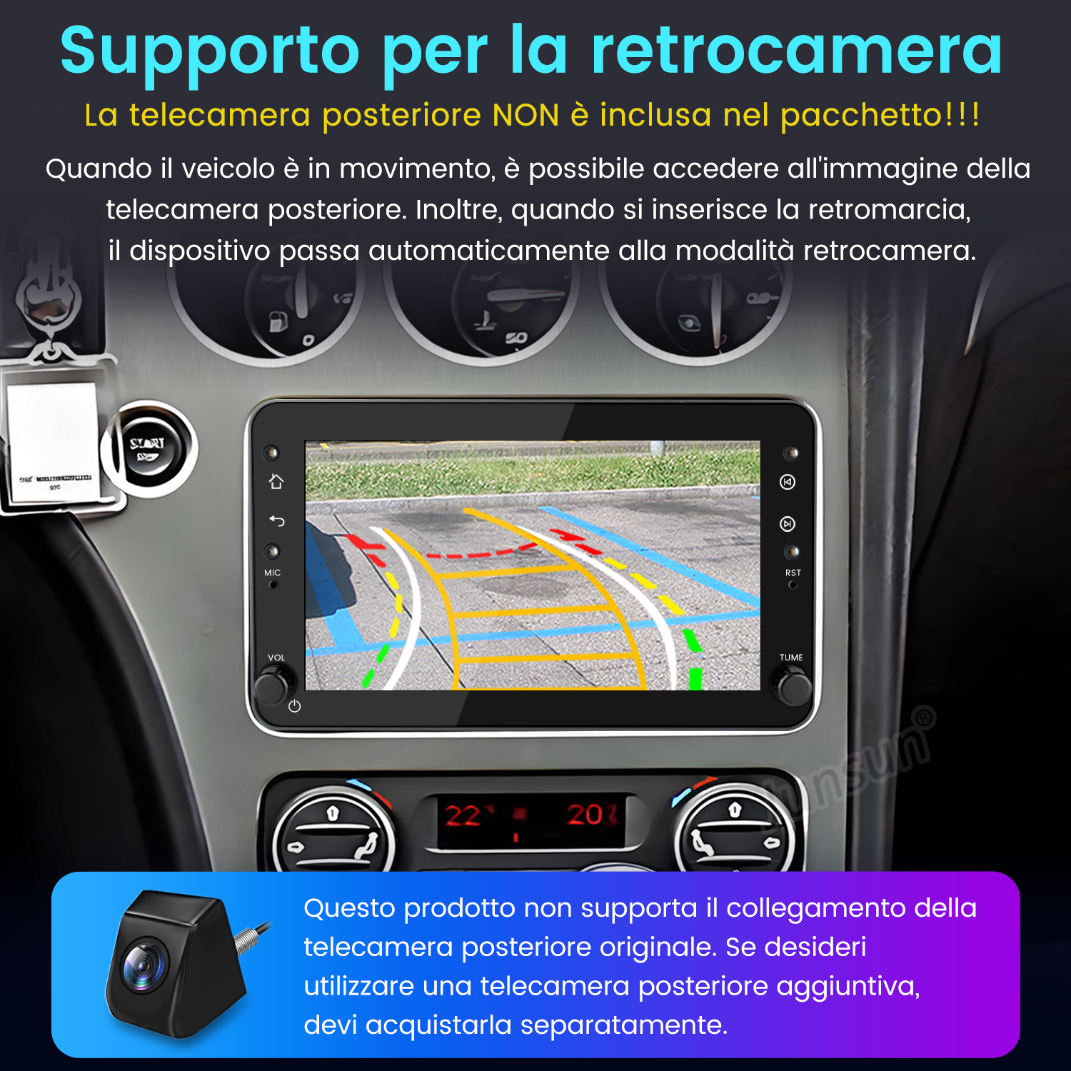 Display del cruscotto dell'auto che mostra un feed della telecamera posteriore con linee guida per il parcheggio.