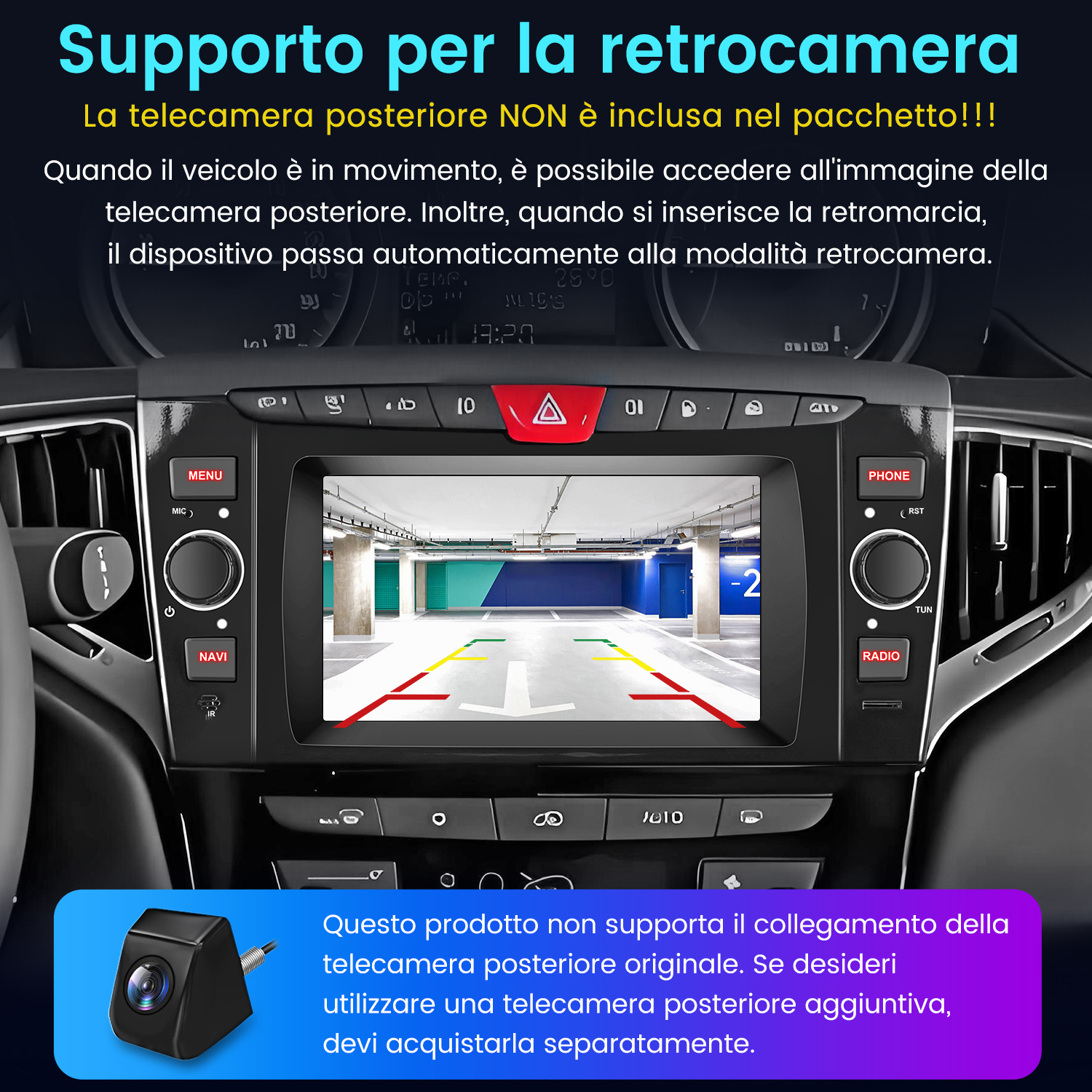 Display del cruscotto dell'auto che mostra un feed della telecamera posteriore con linee guida per il parcheggio in un garage.