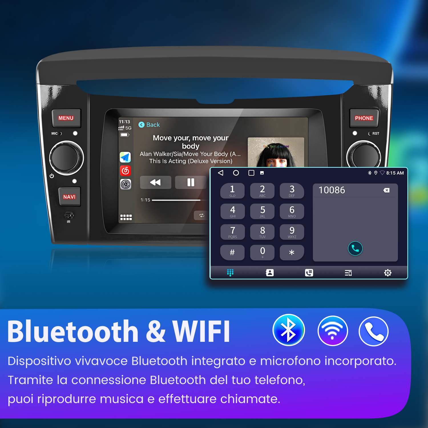 Cruscotto dell'auto con app per la musica e il tastierino telefonico sul display, con simboli Bluetooth e WiFi.