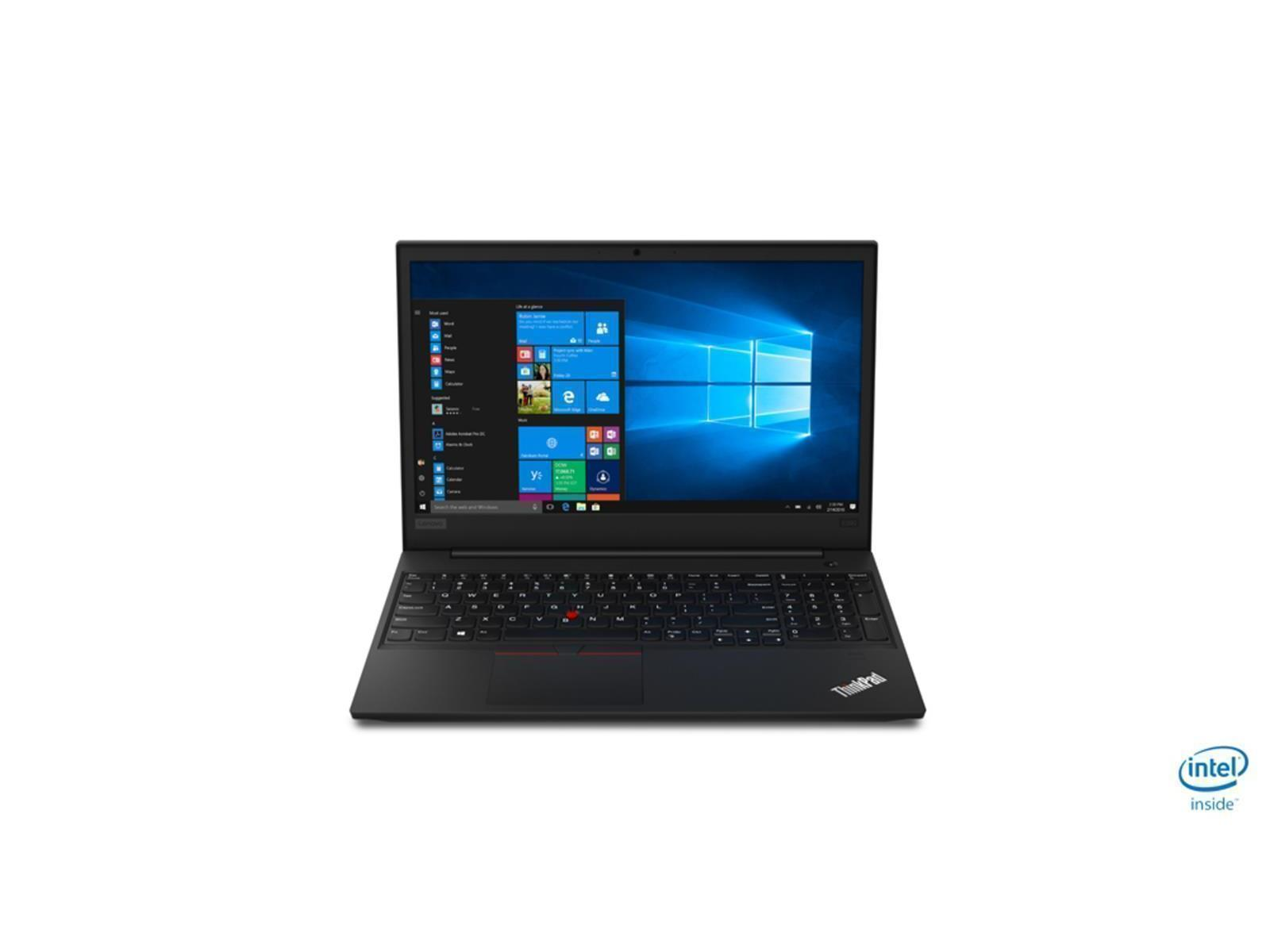 Ein schwarzer Laptop mit einem Windows-Desktop und einem Intel Inside-Aufkleber ist mittig auf einem weißen Hintergrund platziert.