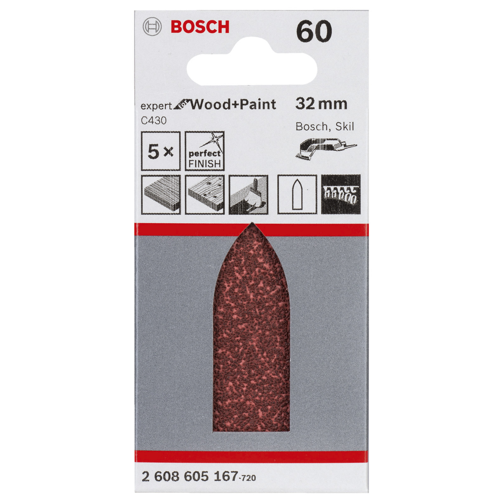 Ein Bosch C430 Schleiffinger für Holz und Farbe ist in Grau und Weiß mit rotem Schleifpapier verpackt.