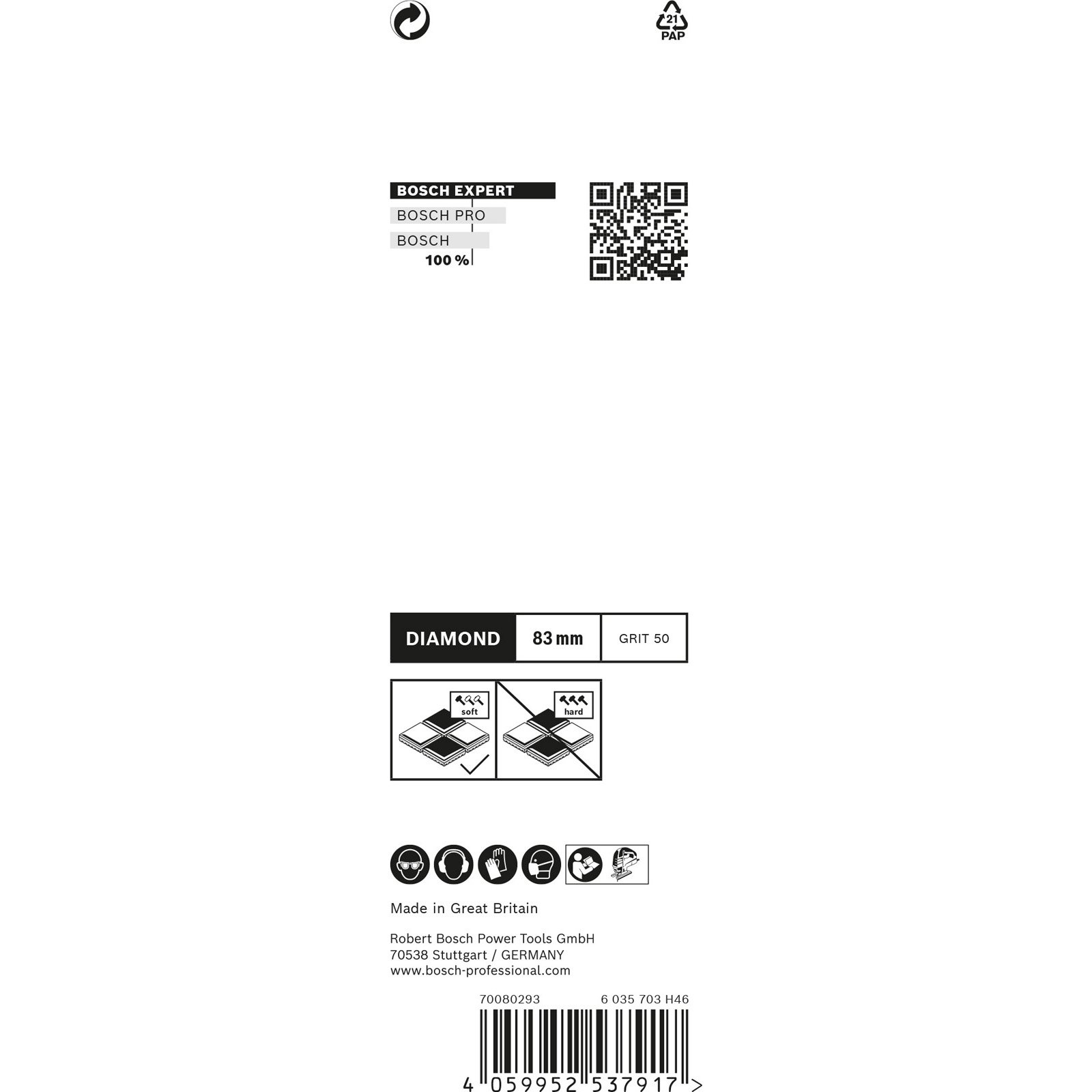 Karta informacyjna produktu dla tarczy diamentowej Bosch, pokazująca specyfikacje i ikony bezpieczeństwa.