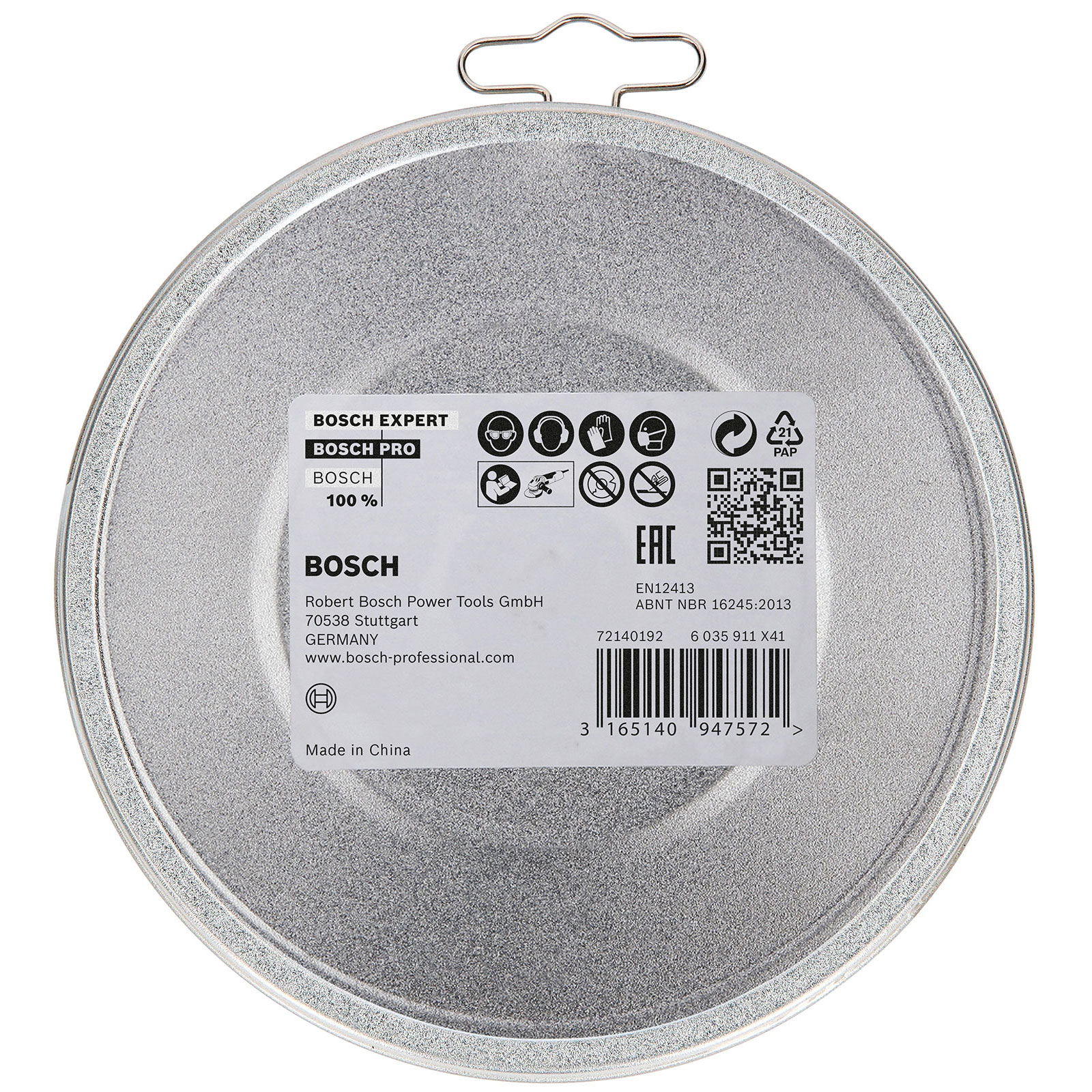 Een ronde, zilverkleurige Bosch Expert productblik met productinformatie erop.