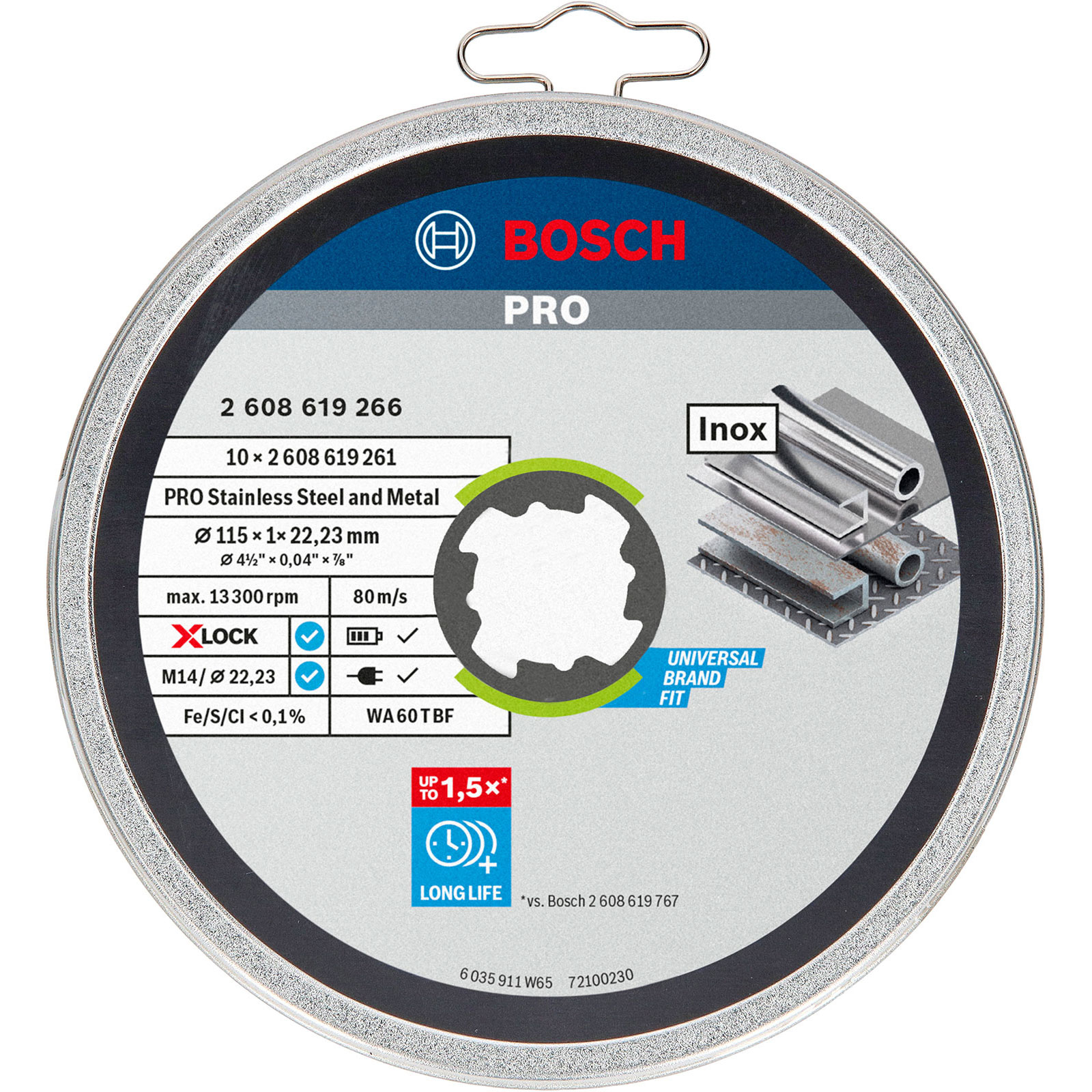 Tarcza do cięcia metalu Bosch Pro w opakowaniu, prezentująca szczegóły produktu i informacje dotyczące bezpieczeństwa.