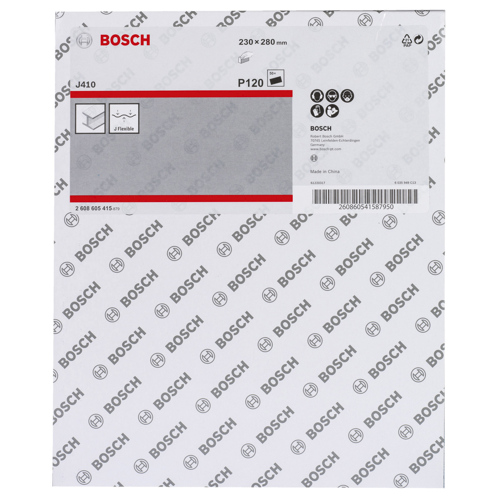 Bosch Schleifpapierblätter in Verpackung, mit sichtbaren Produktdetails und technischen Spezifikationen auf dem Etikett.