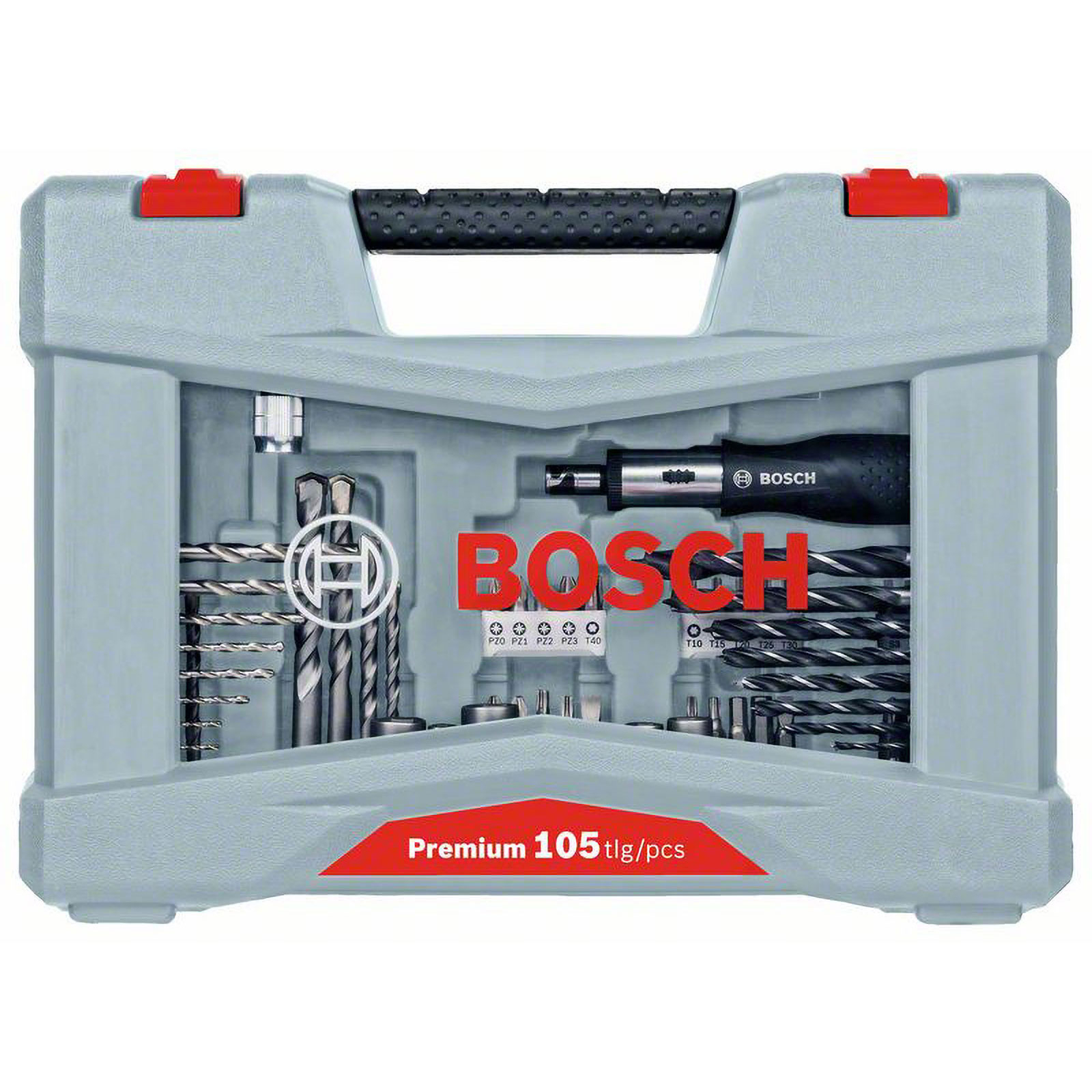 Una custodia grigia piena di un set di punte per trapano e avvitatore Bosch Premium da 105 pezzi.