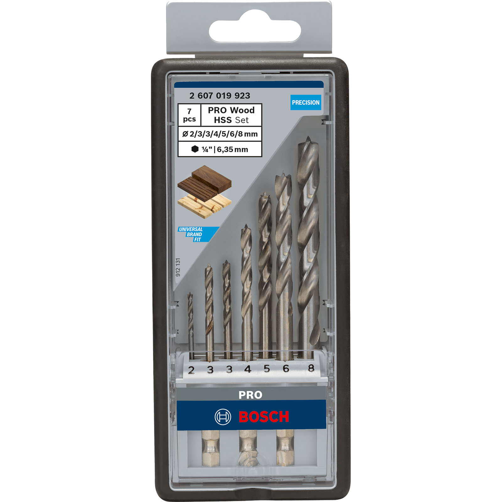 Zestaw wierteł Bosch PRO Wood HSS w szarym plastikowym etui.