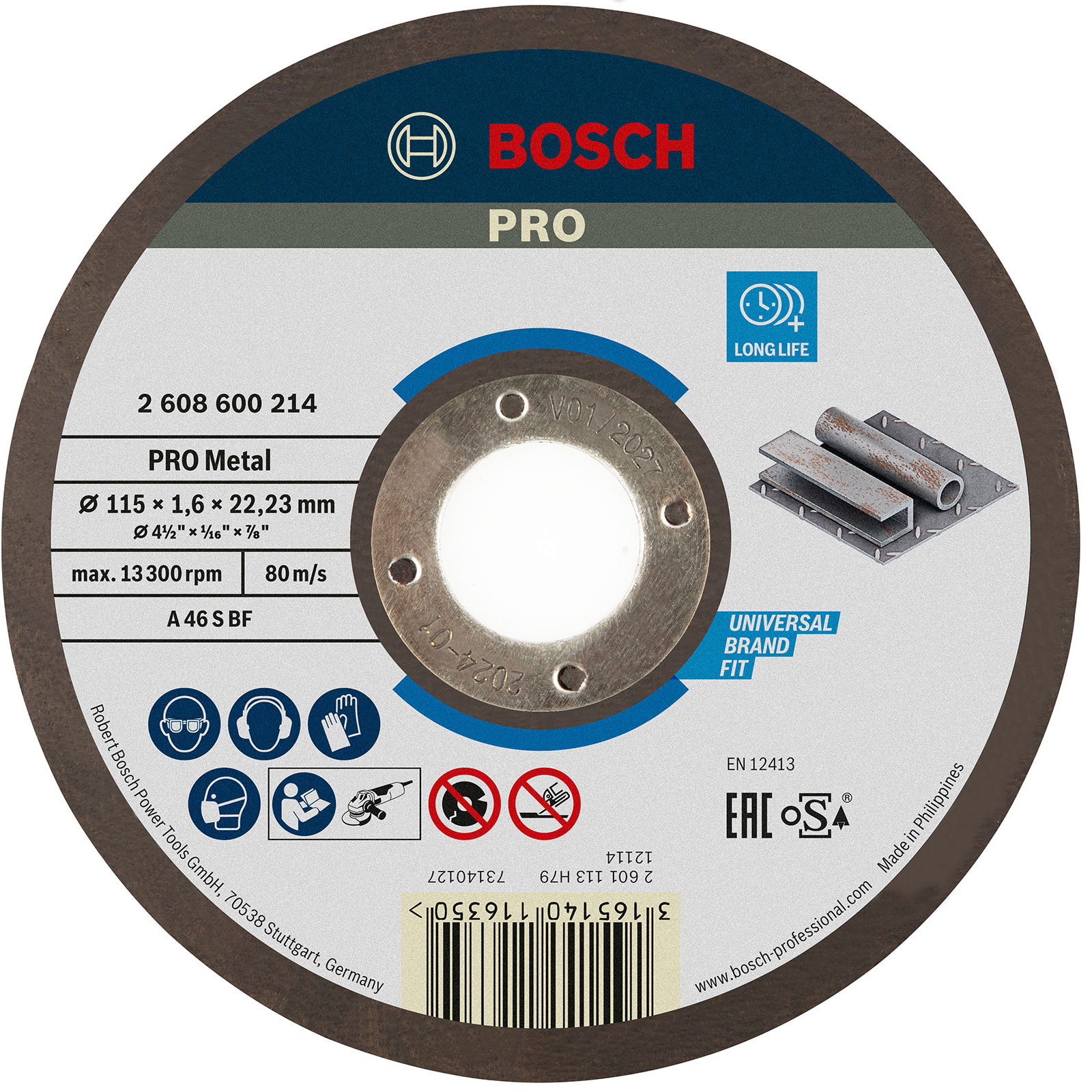 Disco abrasivo Bosch Pro Metal con dettagli del prodotto e icone di sicurezza.