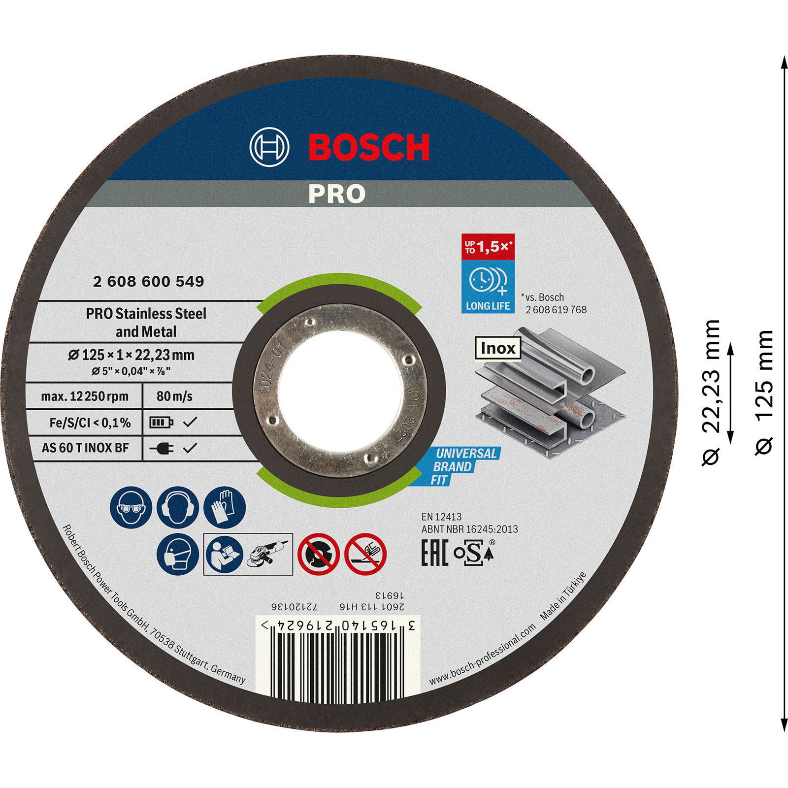 Disco abrasivo Bosch Pro Acero Inoxidable y Metal con medidas de tamaño.