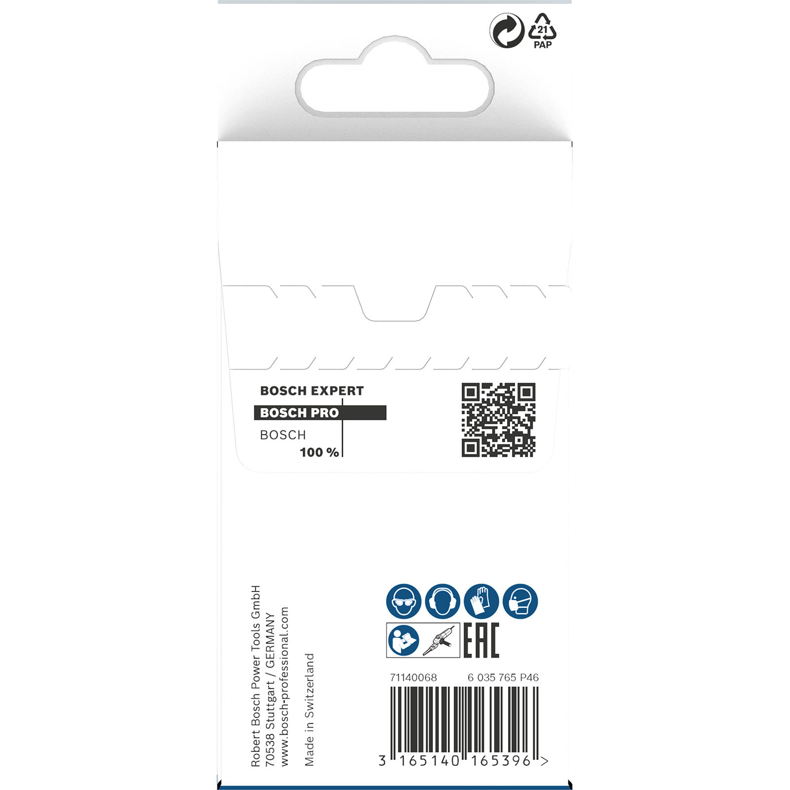 Verpackung für Bosch Expert- und Bosch Pro-Produkte mit Logos, Recyclingsymbolen und einem Barcode auf weißem Hintergrund.