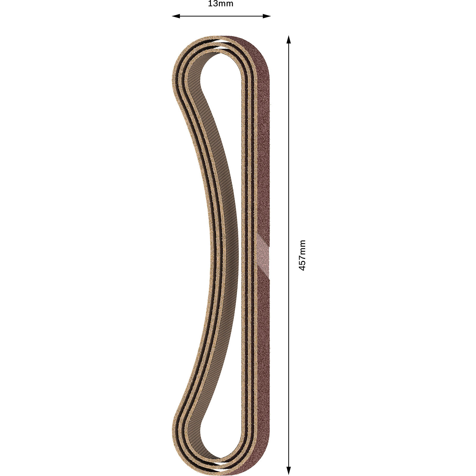 Schleifband mit den Abmessungen 13mm x 457mm, dargestellt auf weißem Hintergrund.