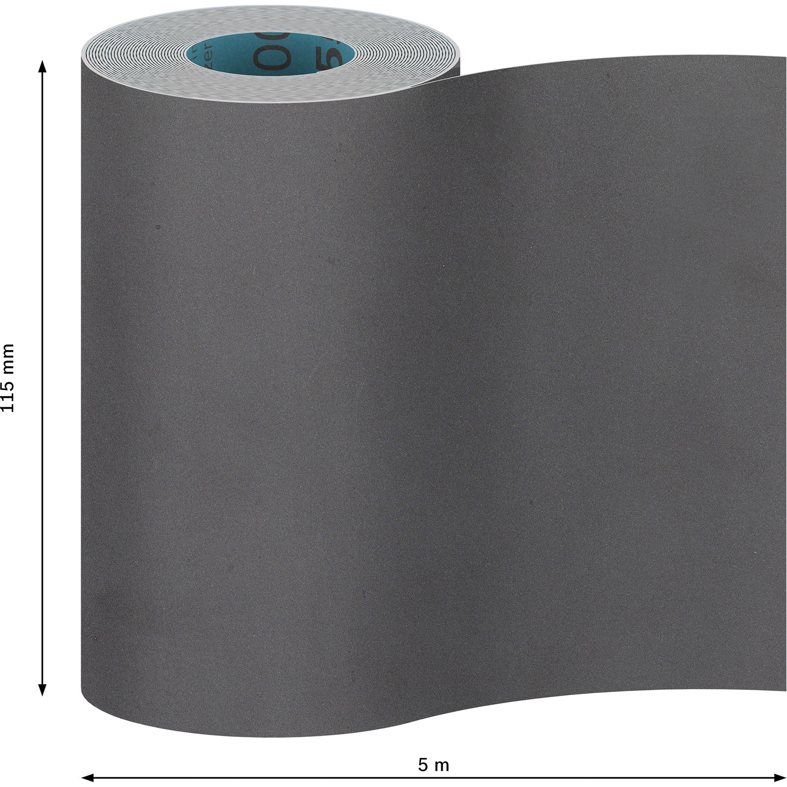 Rolle graues Schleifpapier, Abmessungen 115mm x 5m, dargestellt auf weißem Hintergrund.