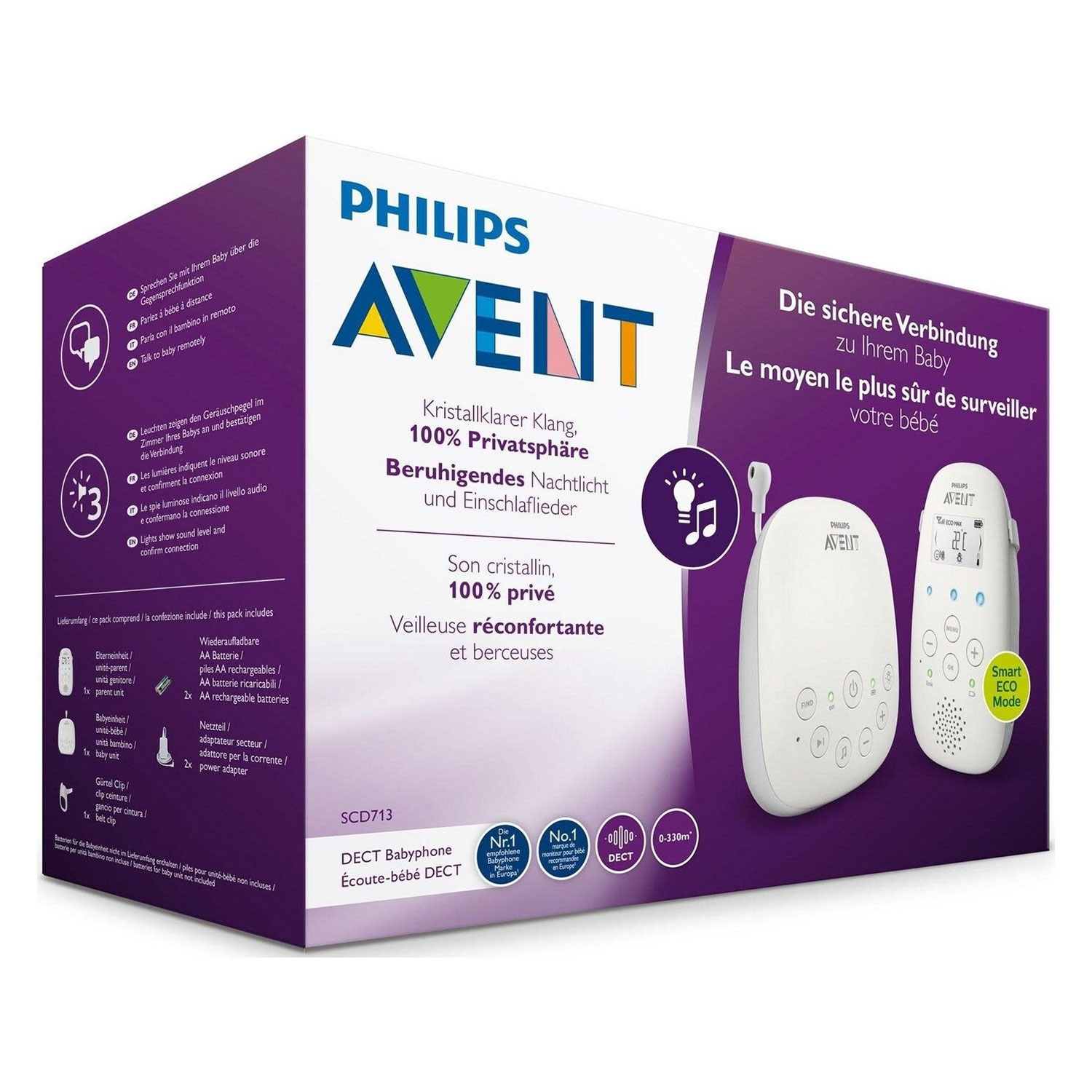 Eine Philips Avent Babyphone-Box mit Produktbildern und Texten in Deutsch, Französisch und Englisch vor einem weißen und violetten Design.