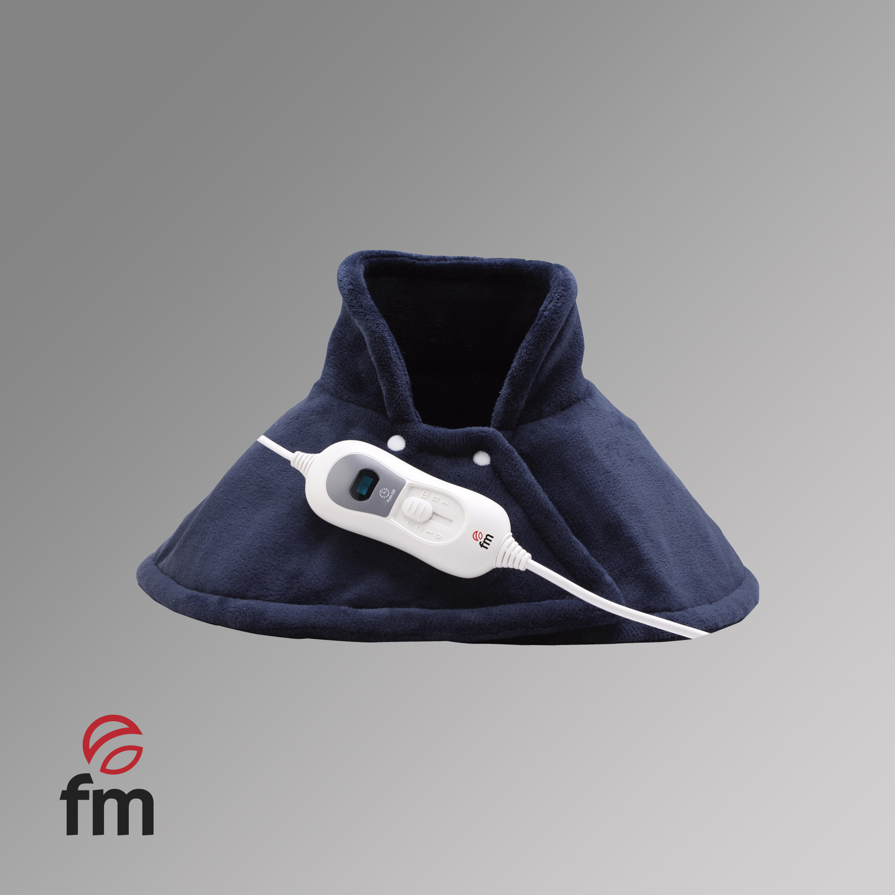 Ciemnoniebieska podkładka grzewcza z białym kontrolerem na szarym tle, zapewniająca miejscowe ciepło.