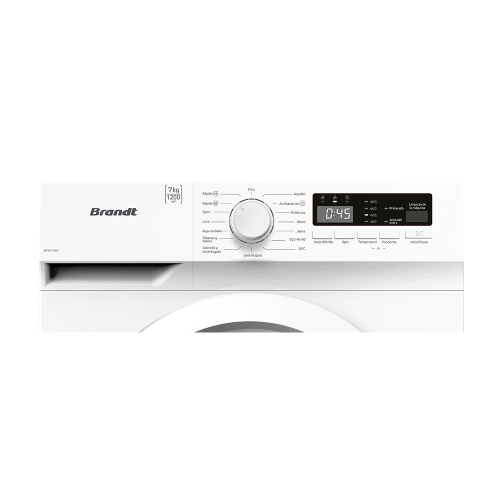 Panel de control de una lavadora Brandt blanca con una variedad de configuraciones, sobre un fondo negro.
