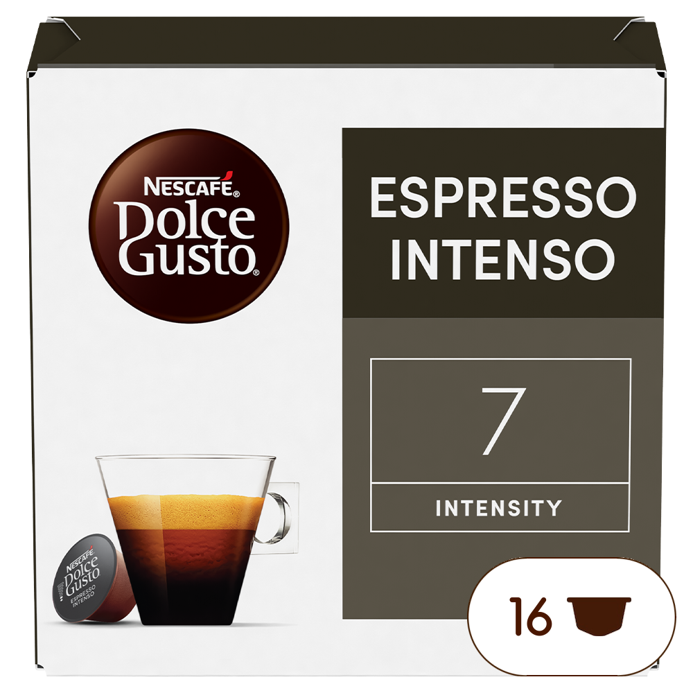 Capsule Nescafe Dolce Gusto Espresso Intenso con un bicchiere di caffè.