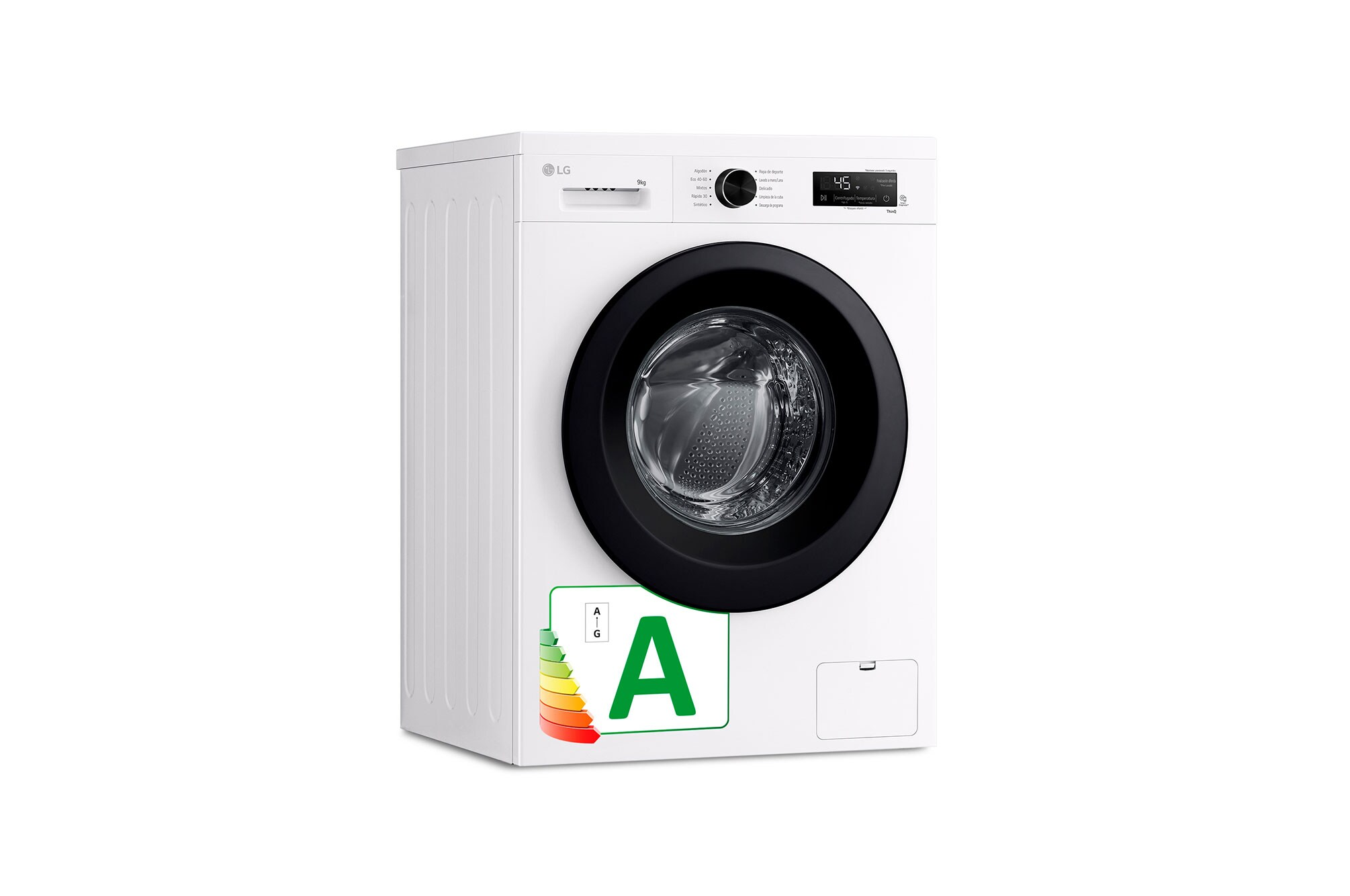 Biała pralka LG z czarnymi drzwiami i etykietą klasy energetycznej 'A'.