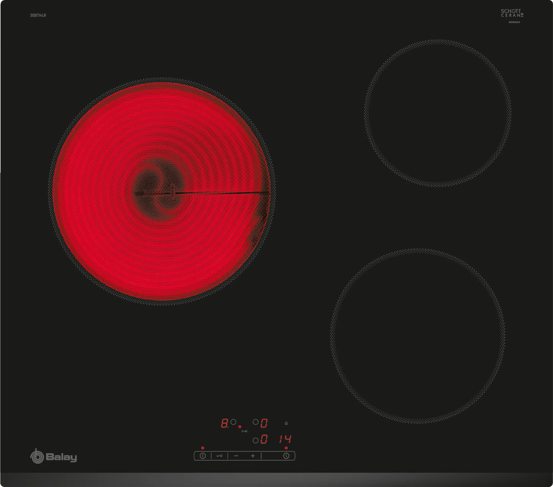 Czarna płyta indukcyjna z trzema strefami gotowania, z których jedna świeci na czerwono.