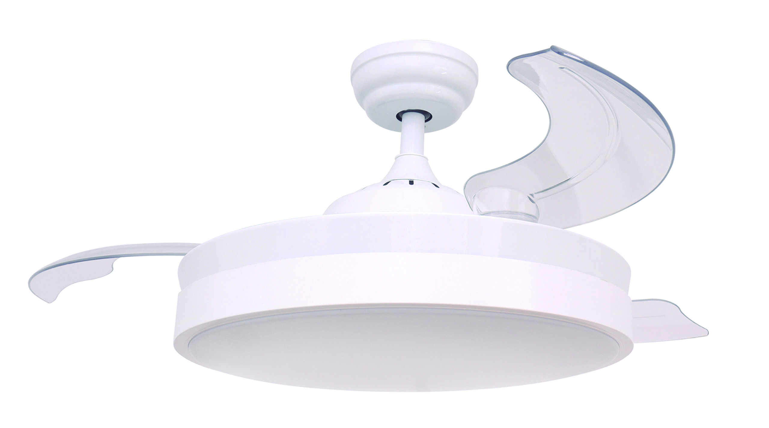 Ventilatore da soffitto bianco con pale trasparenti. Ha una luce circolare e una base bianca.