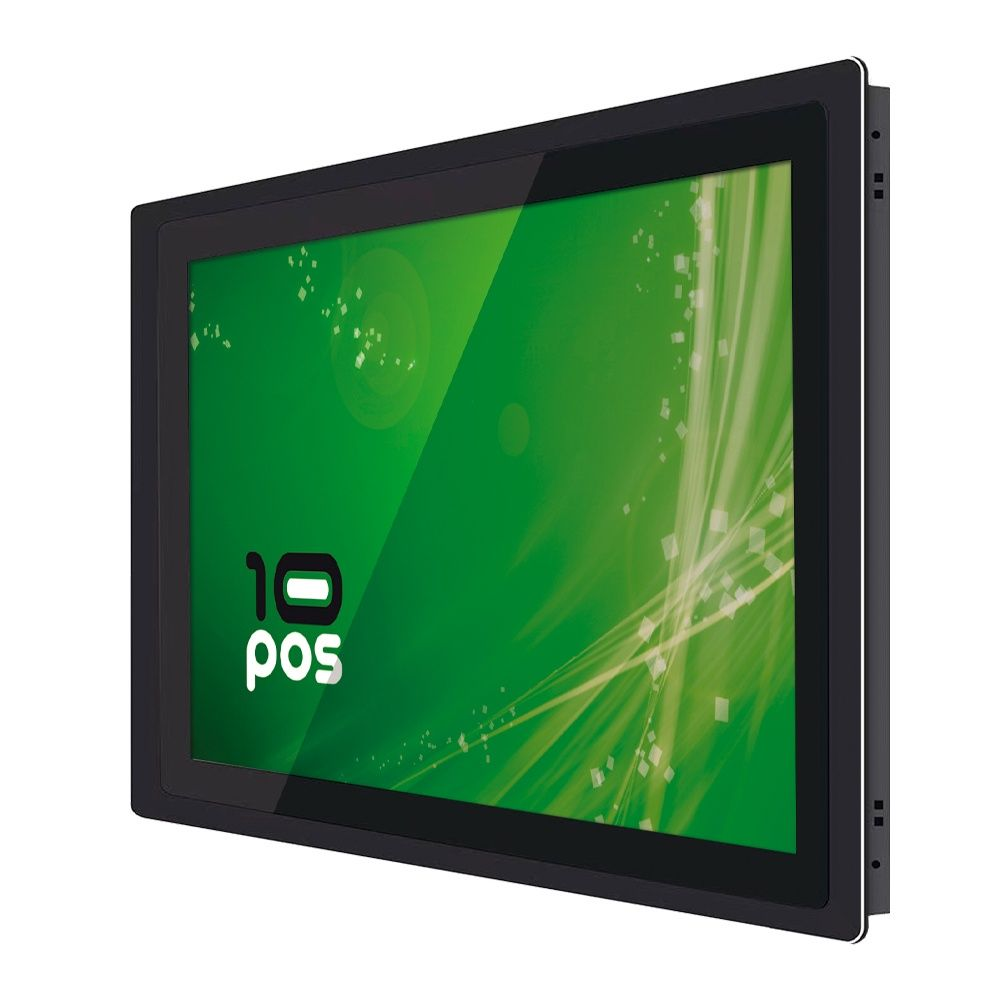 Un monitor de pantalla plana negro montado en una pared, que muestra una pantalla verde con detalles blancos.