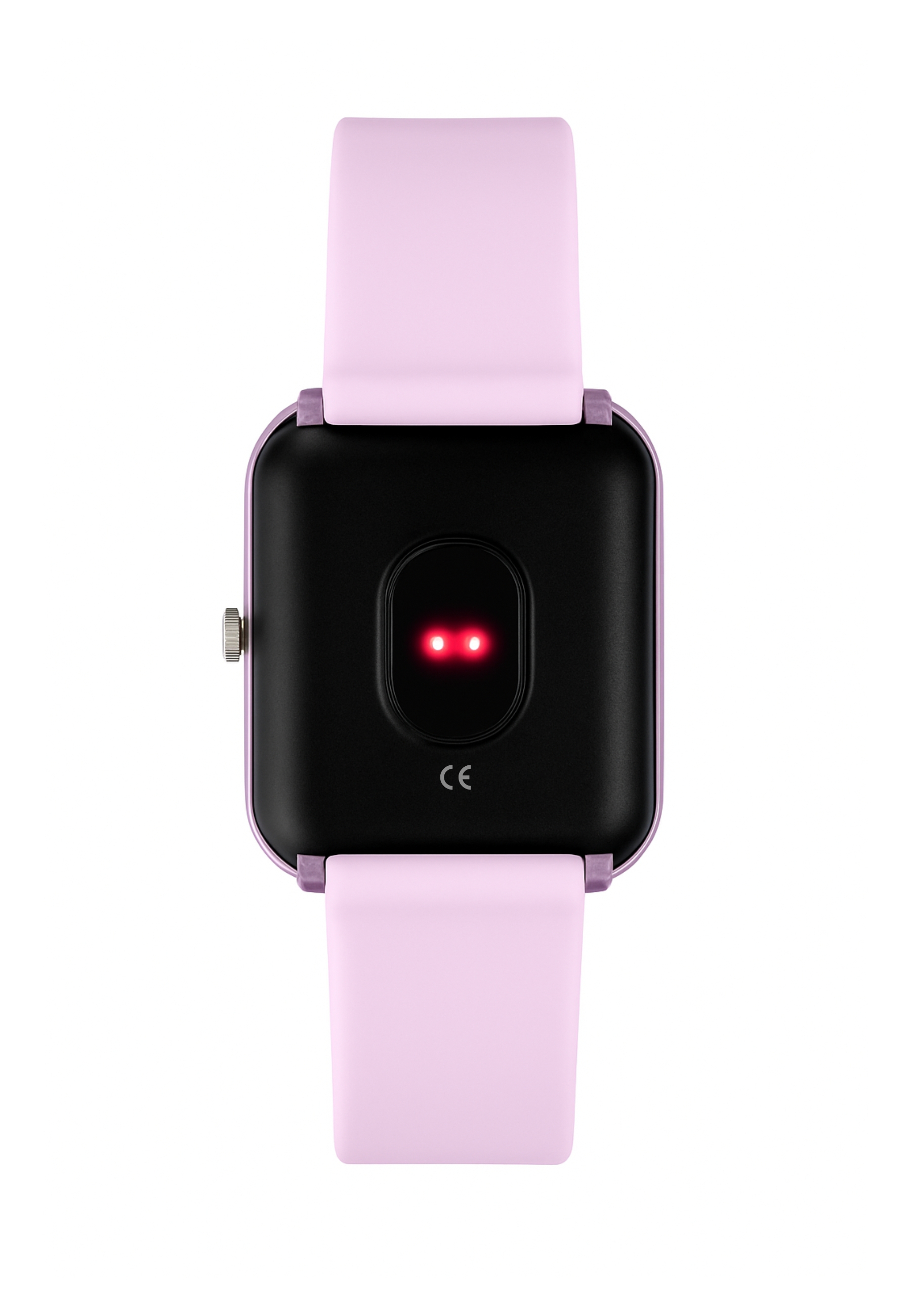Il retro di uno smartwatch viola, che mostra il sensore di frequenza cardiaca e il marchio CE.