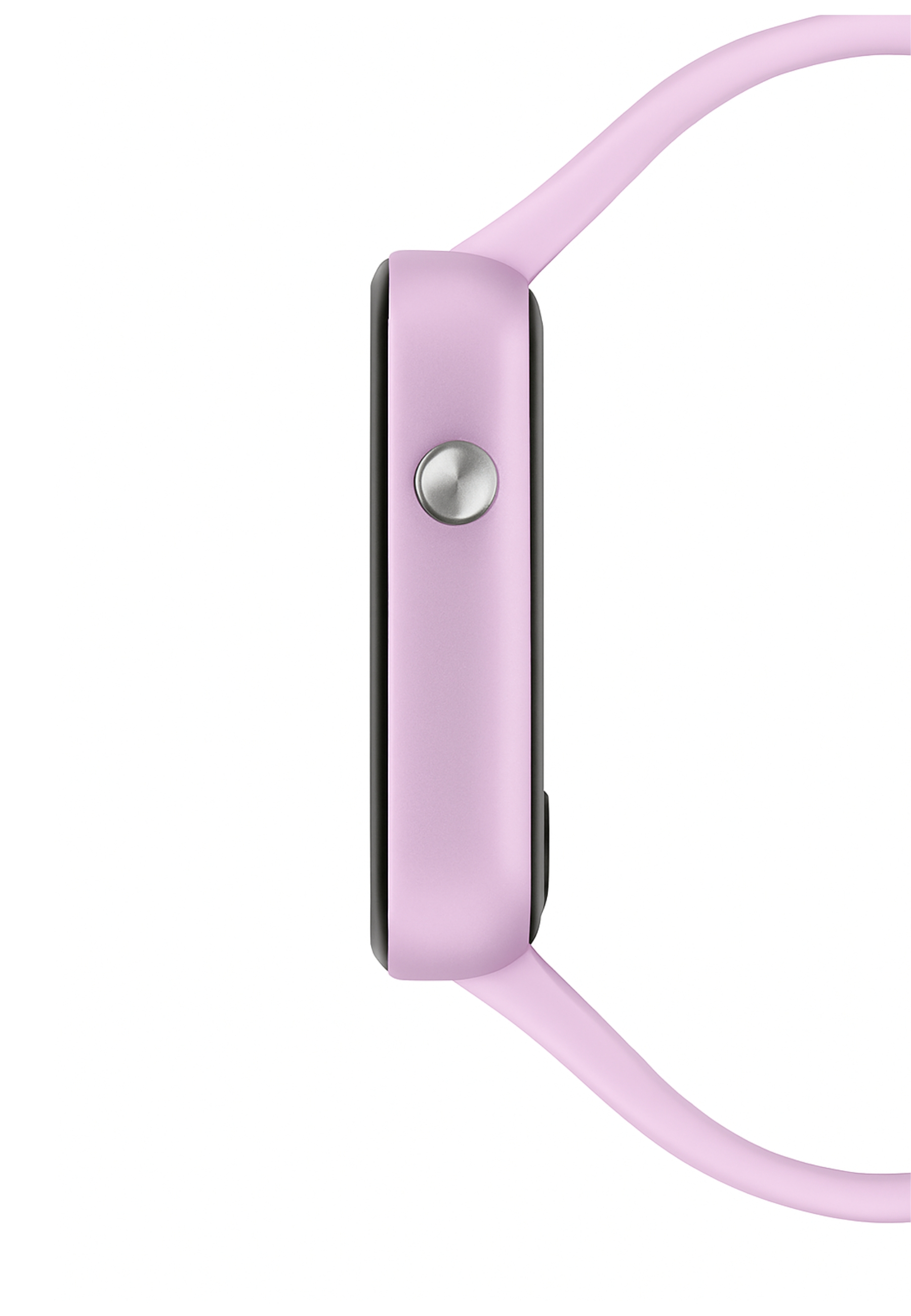 Vista laterale di uno smartwatch viola chiaro con quadrante quadrato arrotondato e cinturino abbinato.