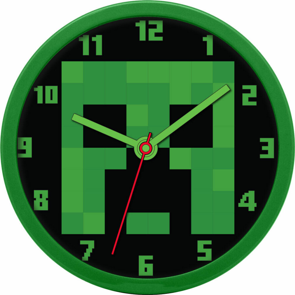 Eine grüne Uhr im Minecraft-Design zeigt ein Creeper-Gesicht und die Uhrzeit ist ungefähr 1:49.
