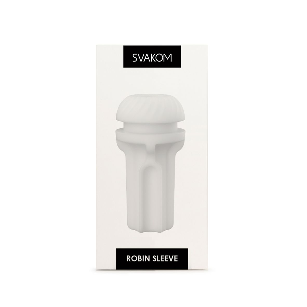 Weiße Box mit weißem zylindrischem Produkt, beschriftet mit 'SVAKOM ROBIN SLEEVE'.