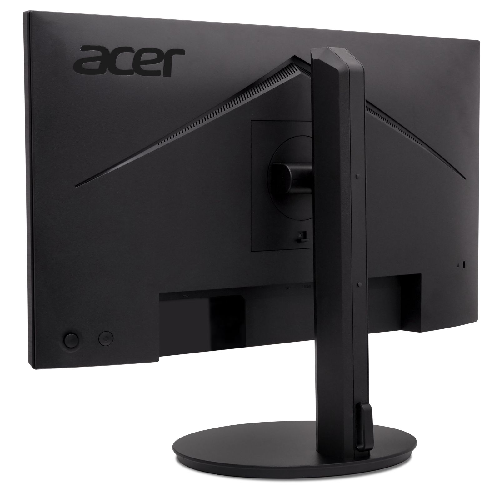 Vista trasera de un monitor Acer negro sobre fondo blanco, con soporte negro.
