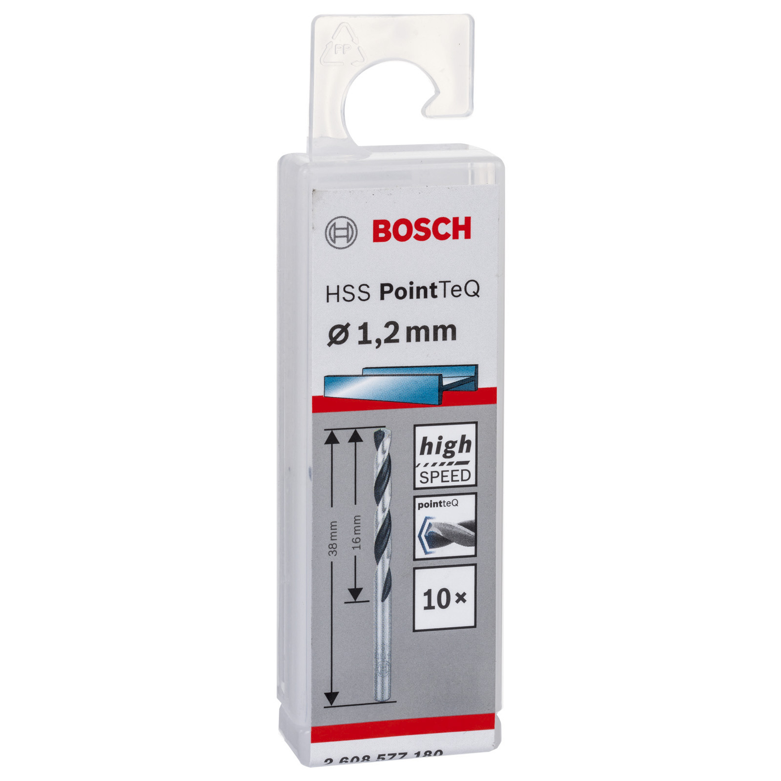 Bosch-Bohrerset, 1,2 mm, in einem transparenten Kunststoffkoffer mit Größen- und Geschwindigkeitsangaben.