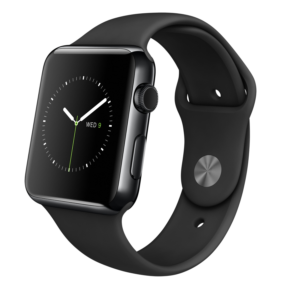 Eine schwarze Apple Watch mit schwarzem Armband zeigt die Zeit als MIT 9 an. Die Uhr befindet sich auf weißem Hintergrund.