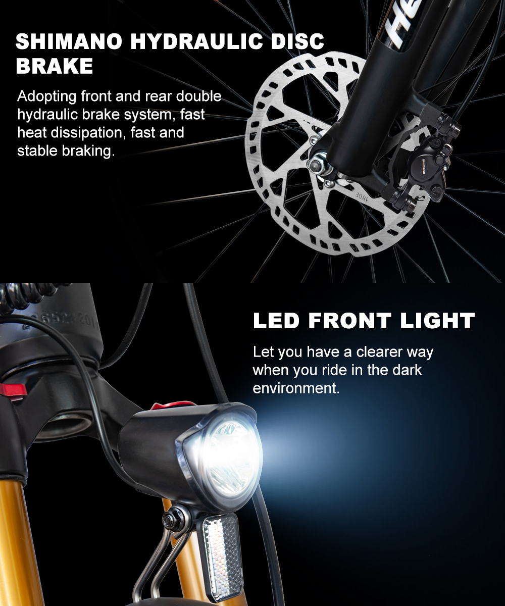 Zbliżenie na przedni hydrauliczny hamulec tarczowy i przednie światło LED w rowerze z żółtym widelcem.