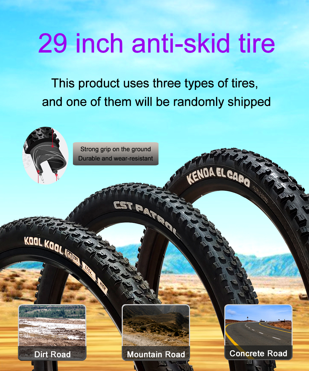 Zbliżenie na trzy 29-calowe opony antypoślizgowe, każda przeznaczona do różnych terenów: ziemia, góry i beton.