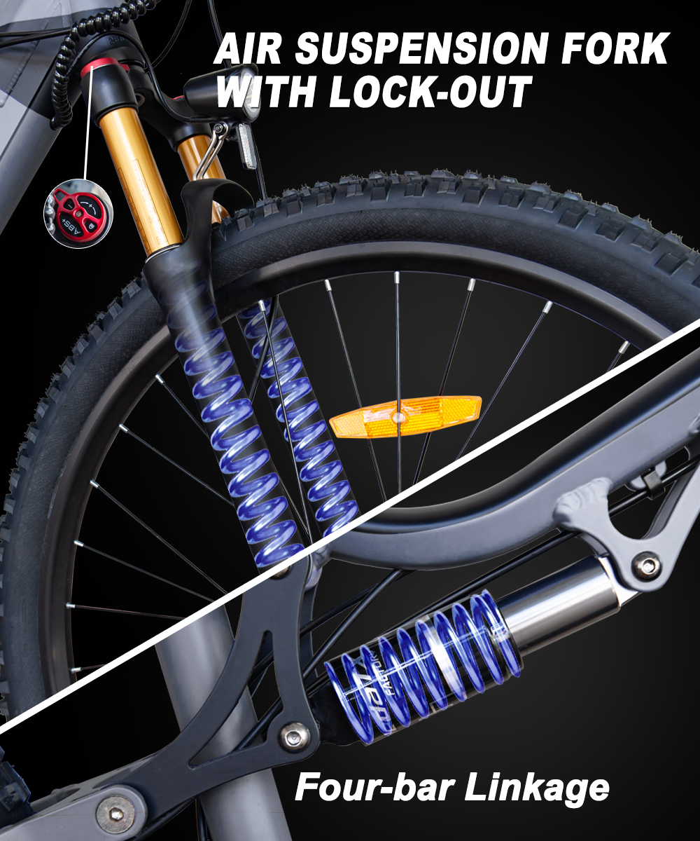 Zbliżenie pokazujące widelec amortyzowany i czterowahaczowy układ zawieszenia szarego roweru górskiego.