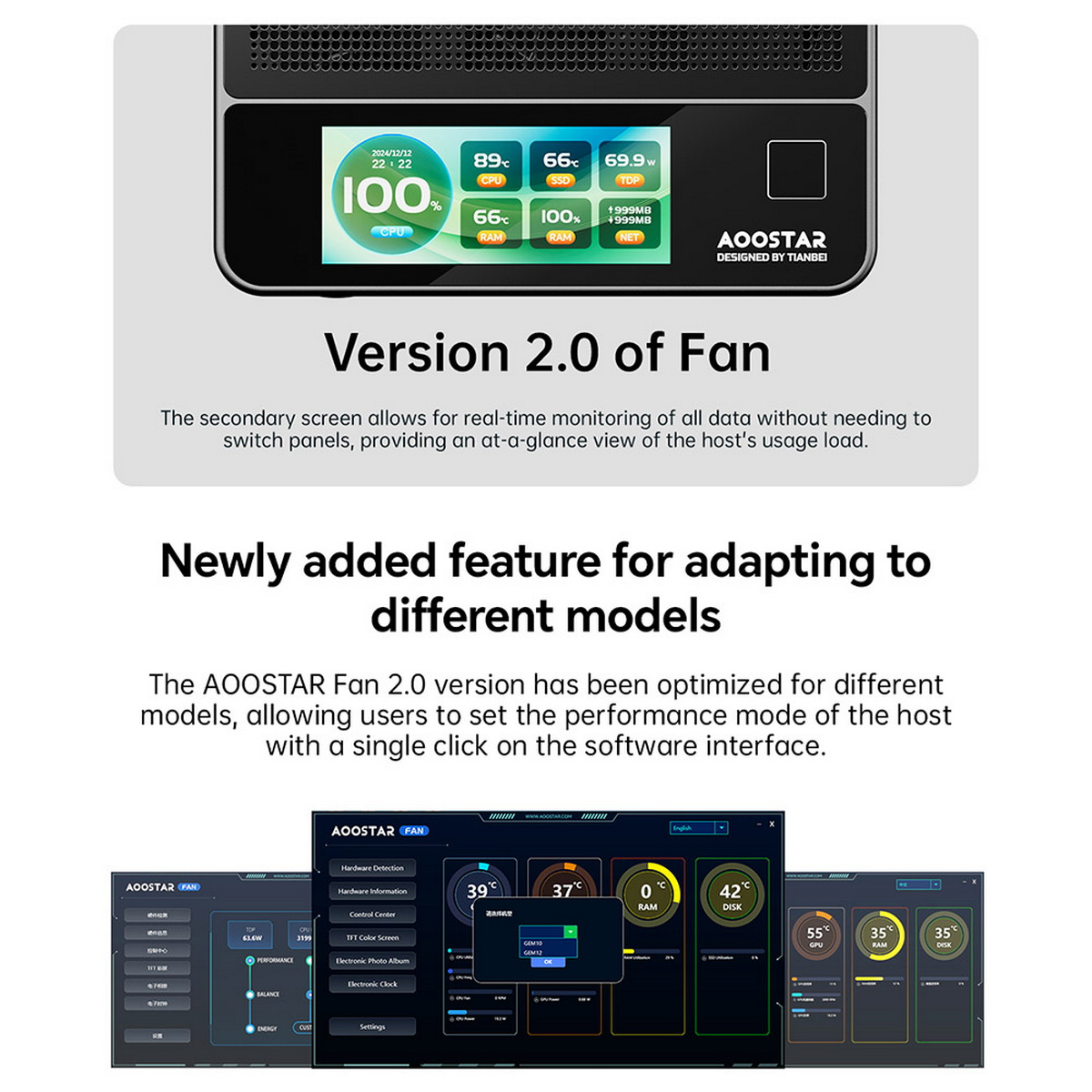 Obraz szczegółowo opisujący wersję 2.0 wentylatora mini PC i sposób jej dostosowania do różnych modeli.