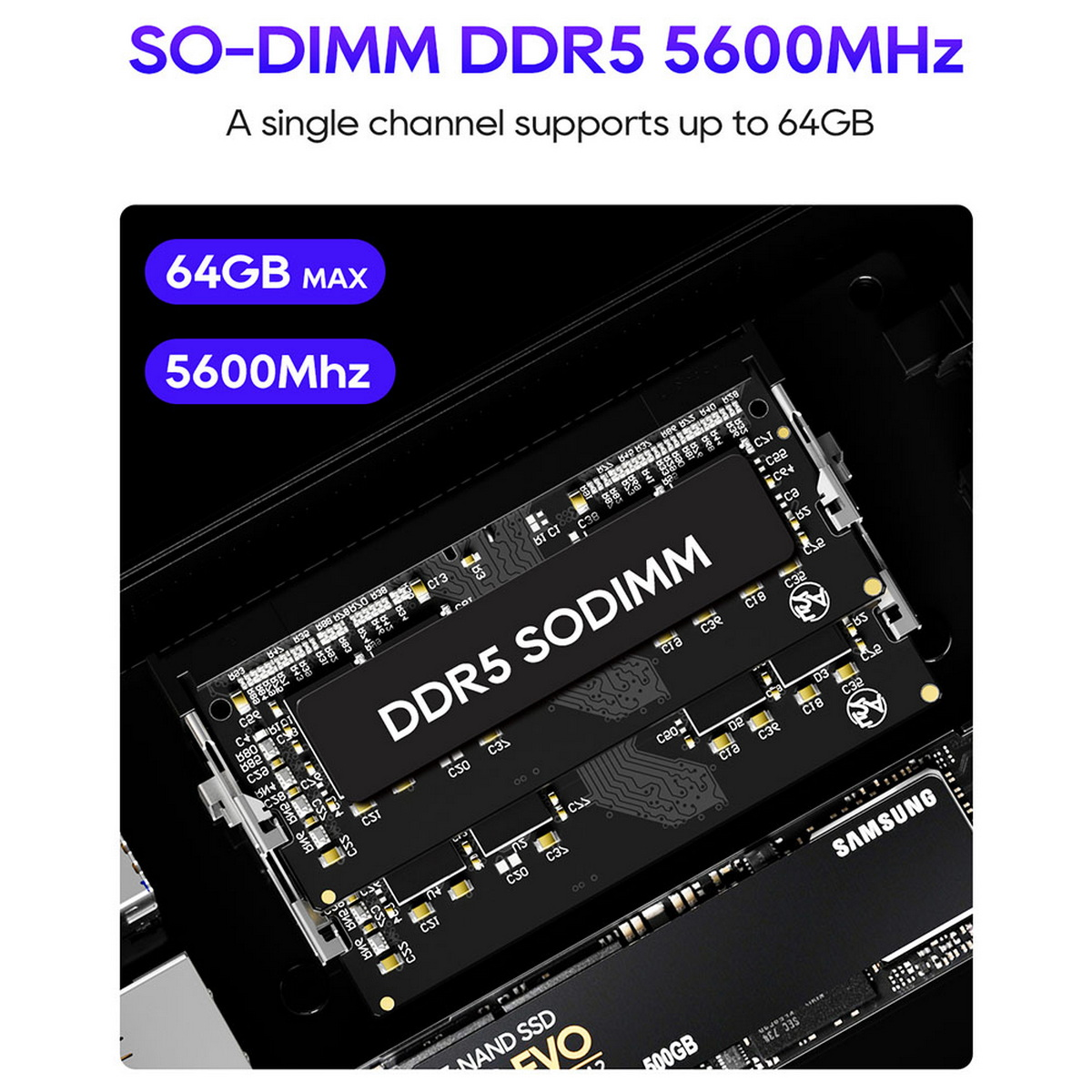 Zbliżenie na wewnętrzne komponenty mini PC, w szczególności moduł DDR5 SODIMM.