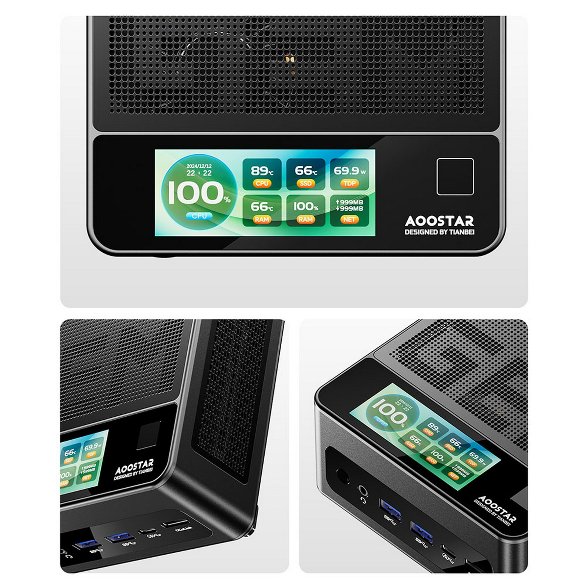 Komponent komputera z ekranem pokazującym użycie CPU, RAM i SSD.