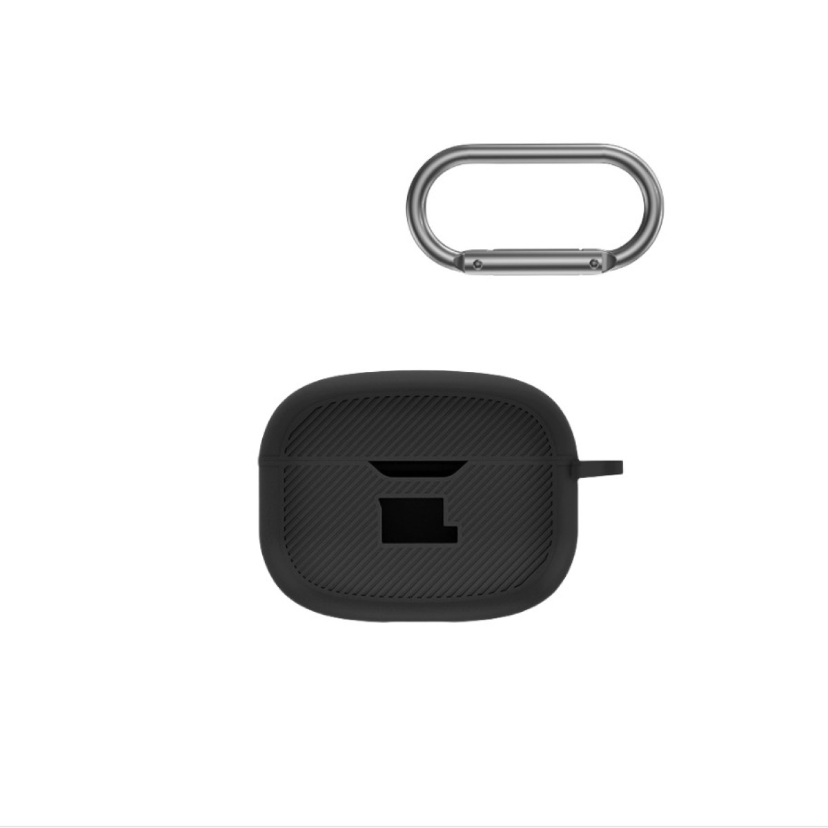 Schwarzes Ohrhörer-Etui mit silbernem Karabiner. Das Etui wird vor weißem Hintergrund gezeigt.