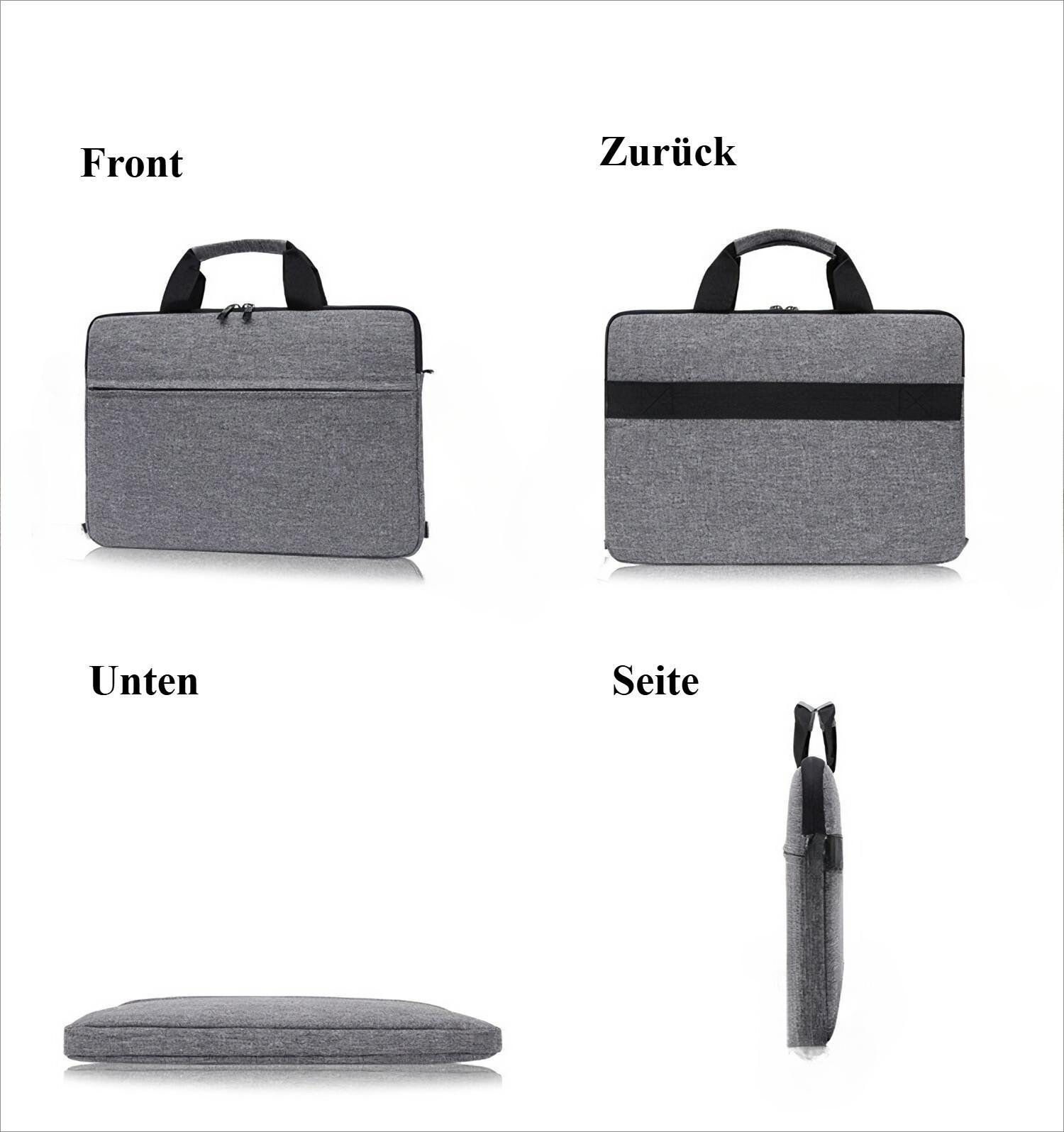 Vier Bilder einer grauen Laptoptasche. Zeigt die Vorderseite, Rückseite, Unterseite und Seite der Tasche.