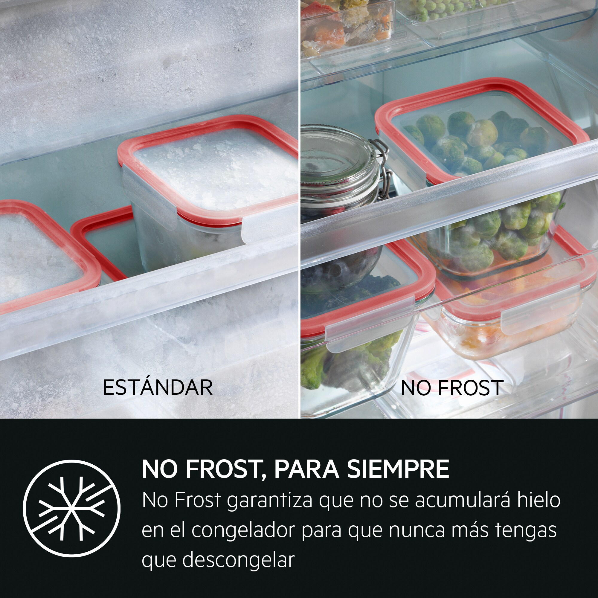 Un'inquadratura affiancata mostra contenitori per alimenti in un congelatore, uno con brina e uno senza. Il testo dice "No Frost, Para Siempre".