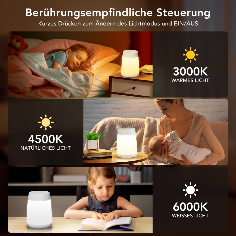Drei Bilder zeigen eine weiße Lampe mit unterschiedlichen Lichteinstellungen: warmes, natürliches und weißes Licht, mit einer Beschreibung.