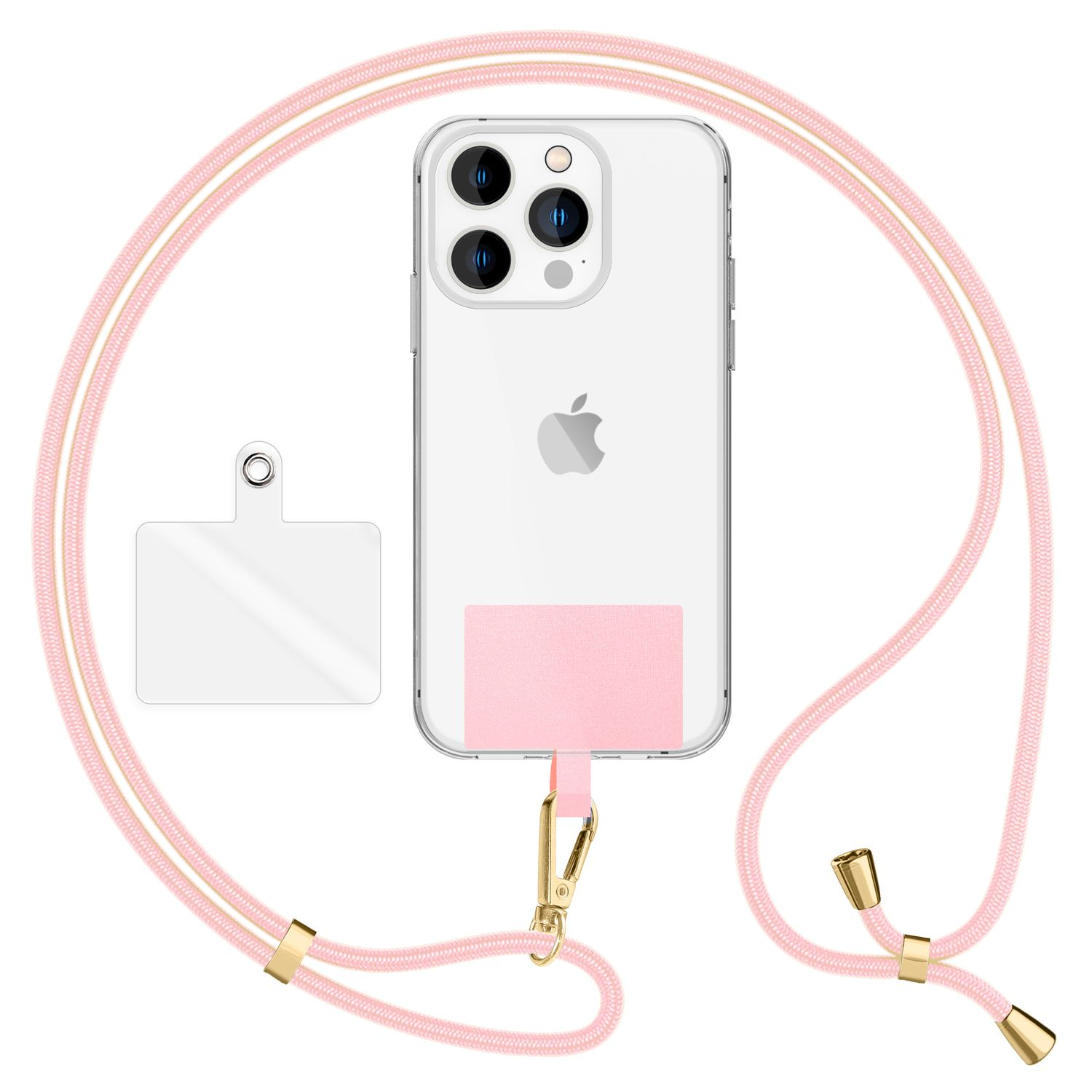 Klares Telefon mit pinkfarbenem Kabel, Schlüsselband und pinkfarbenem Rechteck.