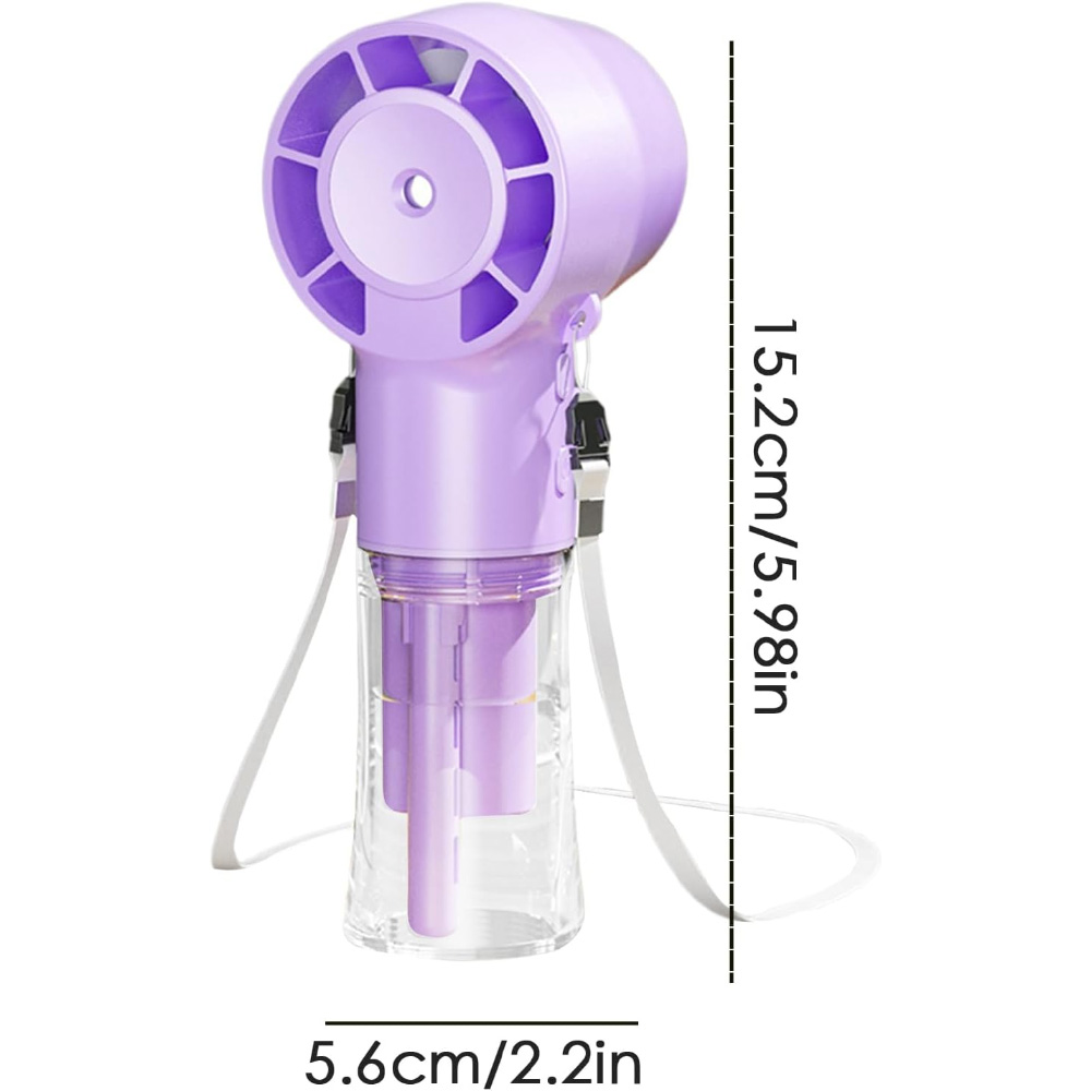 Lila Ventilator mit Maßen, transparentem Wassertank und weißem Riemen.
