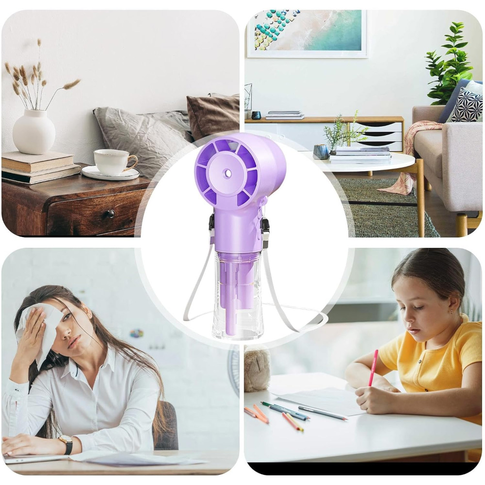 Collage mit einem lila tragbaren Ventilator in verschiedenen Umgebungen: Schlafzimmer, Wohnzimmer, Büro und Schreibtisch.