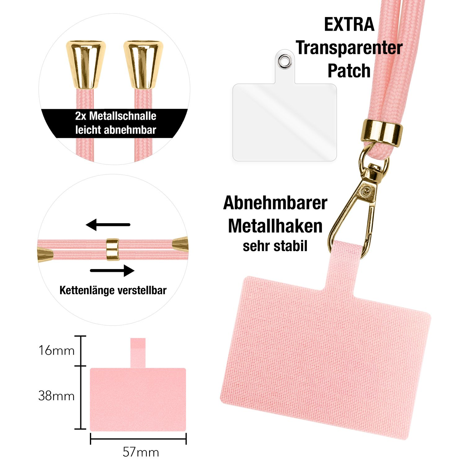 Detailansicht der Komponenten eines rosa Handy-Lanyards, einschließlich Metallschnallen, transparentem Patch und Metallhaken.