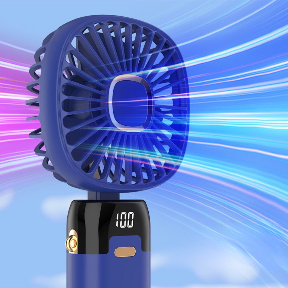 Nahaufnahme eines blauen Handventilators mit digitaler Anzeige, der den Luftstrom mit blauen und rosa Streifen vor einem hellblauen Himmel zeigt.